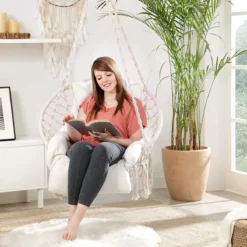 Hangstoel, Hangschommel, Hangstoel Met Een Dik Kussen, Tot 120 Kg Belastbaar, Voor Tuin, Balkon, Woonkamer, Terras, Scandinavische Stijl, Modern, Beige HMDC042M01 -Tuinmeubelen 1200x1200 935