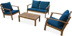 Houten Loungeset 4 Plaatsen - Ushuaïa - Donker Turquoise Kussens, Bank, Fauteuils En Lage Tafel Van Acacia, Design -Tuinmeubelen 1200x603 5