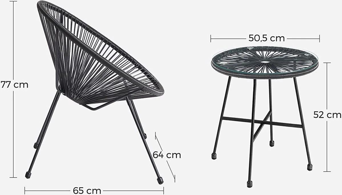 Songmics Balkonmeubilair, Tuinmeubelset, Set Van 3, Zitgroep, Terrasmeubilair, Glazen Tafelblad, 2 Stoelen, Voor Binnen En Buiten, Voor Patio, Tuin, Balkon, Buiten, Zwart GGF013B02 3 Songmics Balkonmeubilair, Tuinmeubelset, Set Van 3, Zitgroep, Terrasmeubilair, Glazen Tafelblad, 2 Stoelen, Voor Binnen En Buiten, Voor Patio, Tuin, Balkon, Buiten, Zwart GGF013B02 - Afbeelding 3