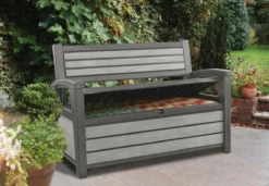 Keter - Hudson Bench Box - 2-zits Bank - Opbergbox - Hout Look & Feel - 227L - 138x63x89cm - Antraciet -Tuinmeubelen 1200x832 3