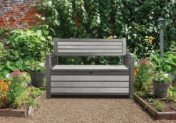 Keter - Hudson Bench Box - 2-zits Bank - Opbergbox - Hout Look & Feel - 227L - 138x63x89cm - Antraciet -Tuinmeubelen 1200x841 1