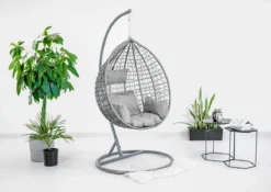 Hangstoel - Ei Stoel - Met Grijze Standaard & Kussens - Tot 125kg -Tuinmeubelen 1200x851