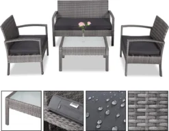 Casaria Polyrattan Loungeset – 2 Stoelen 1 Bank 1 Tafel - Antraciet -Tuinmeubelen 1200x931 2