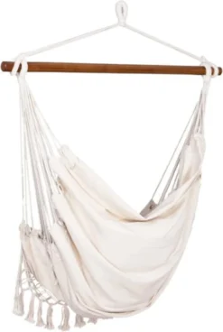 Springos Hangstoel | Binnen & Buiten | Met 2 Kussens | Boekenvak | Ook Voor Kinderen | Belastbaar Tot 150 Kg | Wit -Tuinmeubelen 806x1200