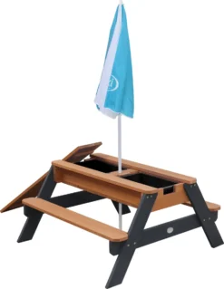 AXI Nick Zand & Water Picknicktafel In Antraciet/Bruin - Parasol Blauw/Wit - Picknick Tafel Voor Kinderen Van Hout -Tuinmeubelen 930x1200 1